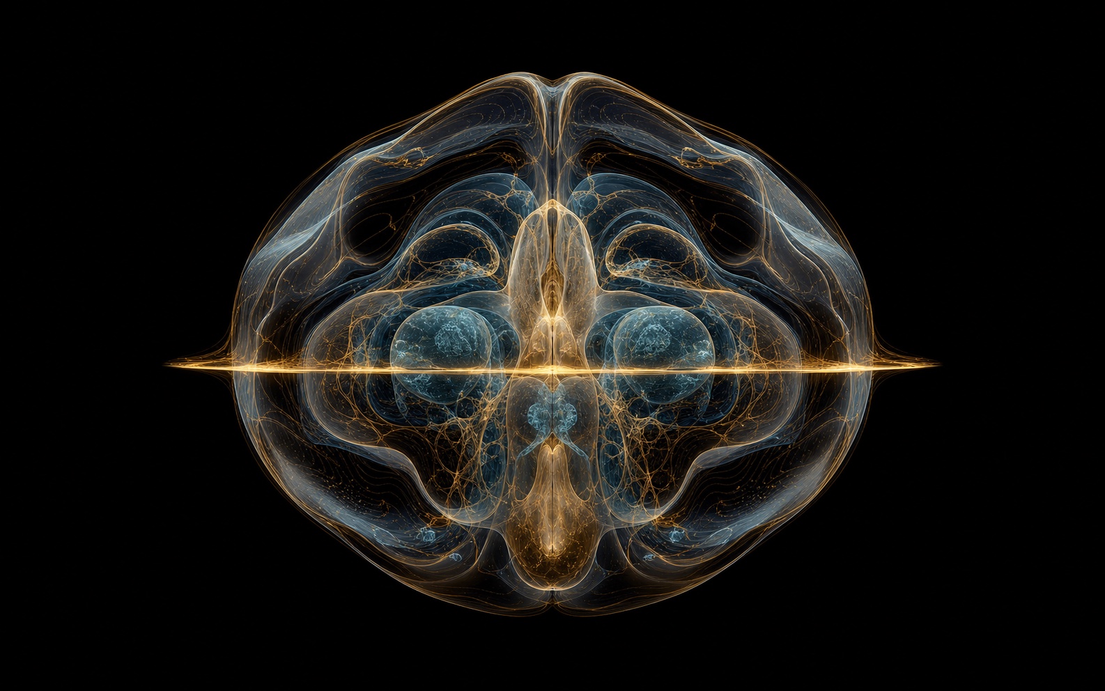 A speculative translucent volumetric form crossed by a warm scanning plane
