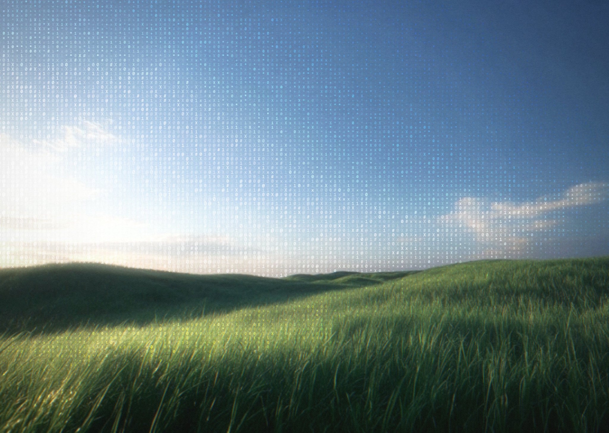 A sunlit landscape dissolving into a field of code symbols.